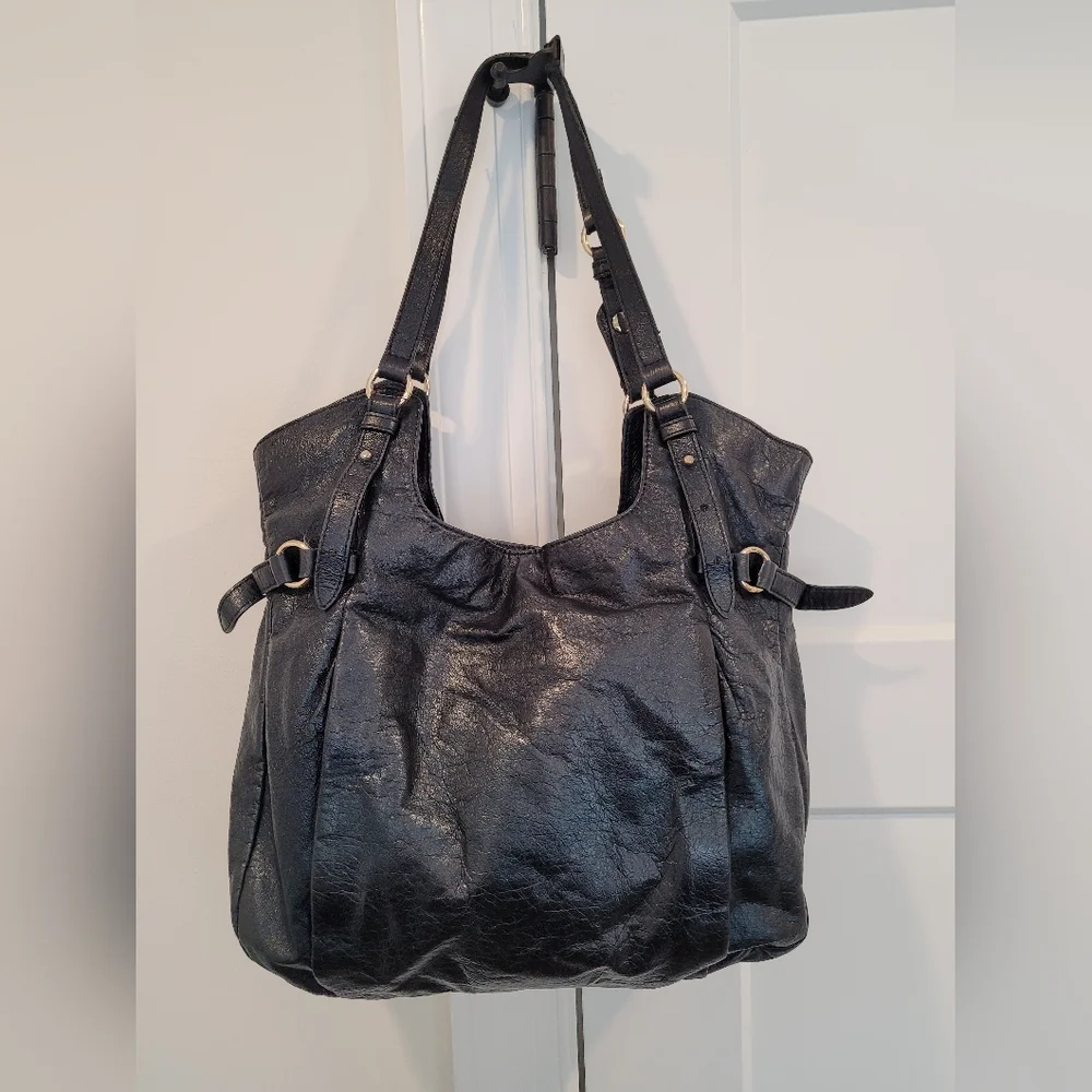 Elliott Lucca Shoulder Bag Black Leather Woven Front Large Satchel Pocke…